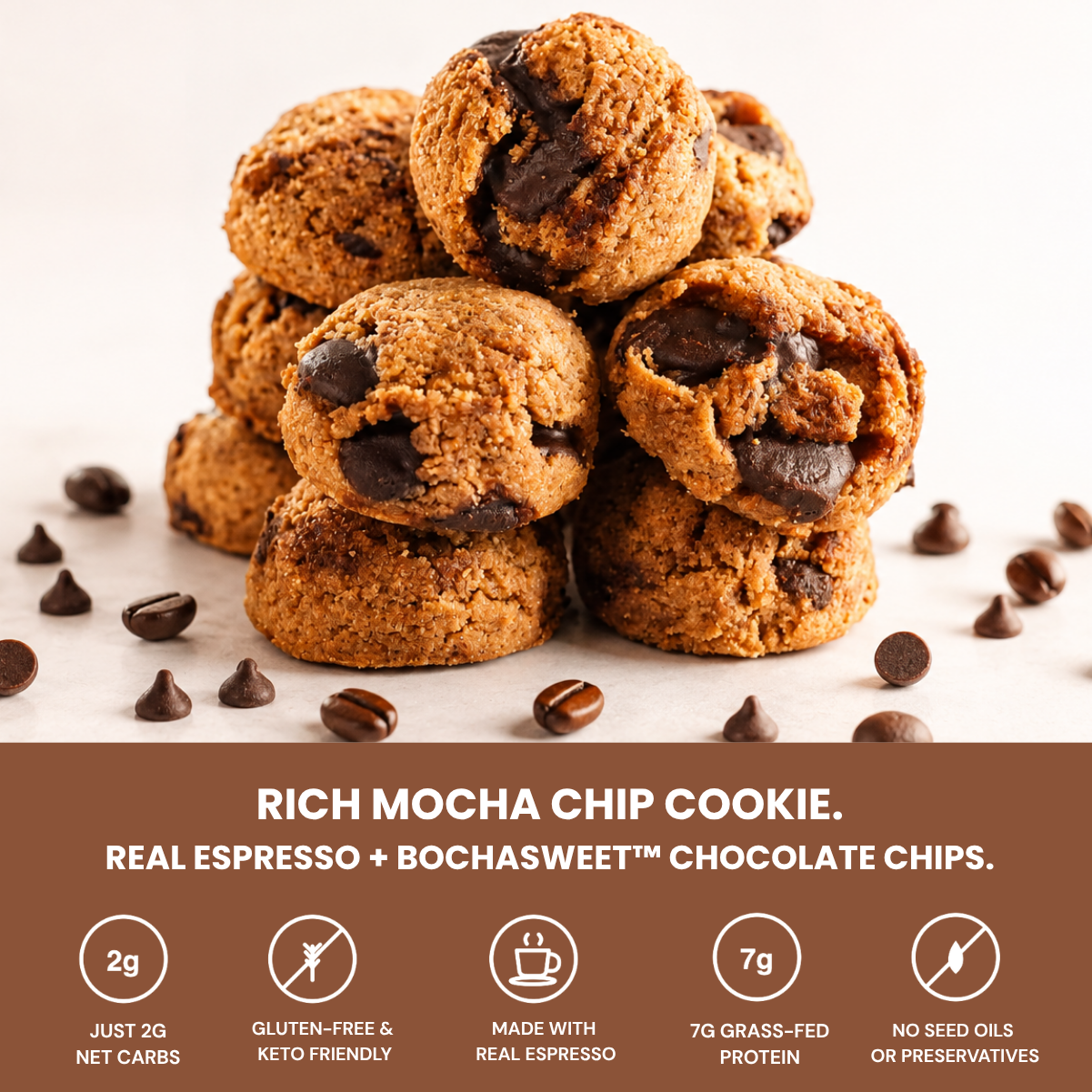Stack of rich mocha chip protein cookies with chocolate chips on a light background
