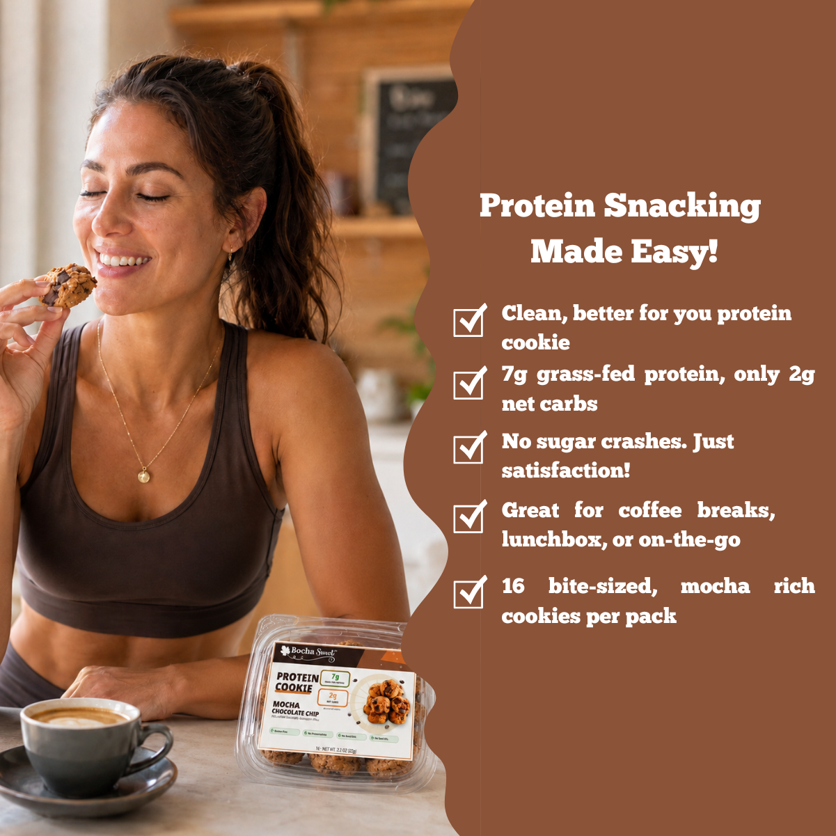 Woman eating a protein cookie with product packaging and promotional text on a brown background