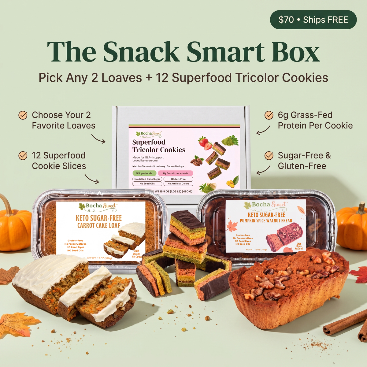 Bocha Sounds 'The Snack Smart Box' promotional graphic showing a bundle of keto sugar-free cookies, protein per cookie bars, and three types of protein apple cinnamon muffins on a light sage green background with autumn-themed props.