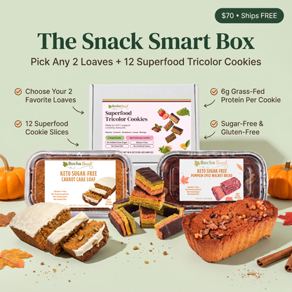 Bocha Sounds 'The Snack Smart Box' promotional graphic showing a bundle of keto sugar-free cookies, protein per cookie bars, and three types of protein apple cinnamon muffins on a light sage green background with autumn-themed props.