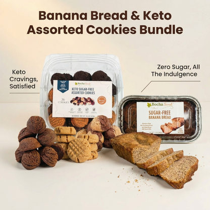 Banana bread and assorted cookies bundle with packaging on a light background