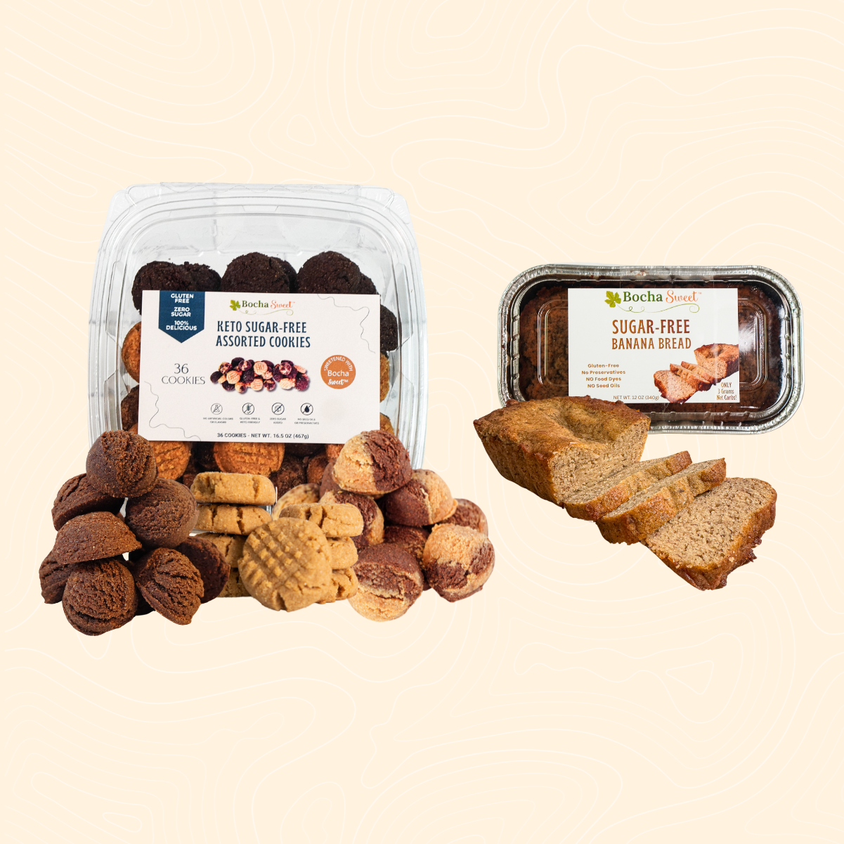Assorted cookies and sugar-free banana bread on a beige background