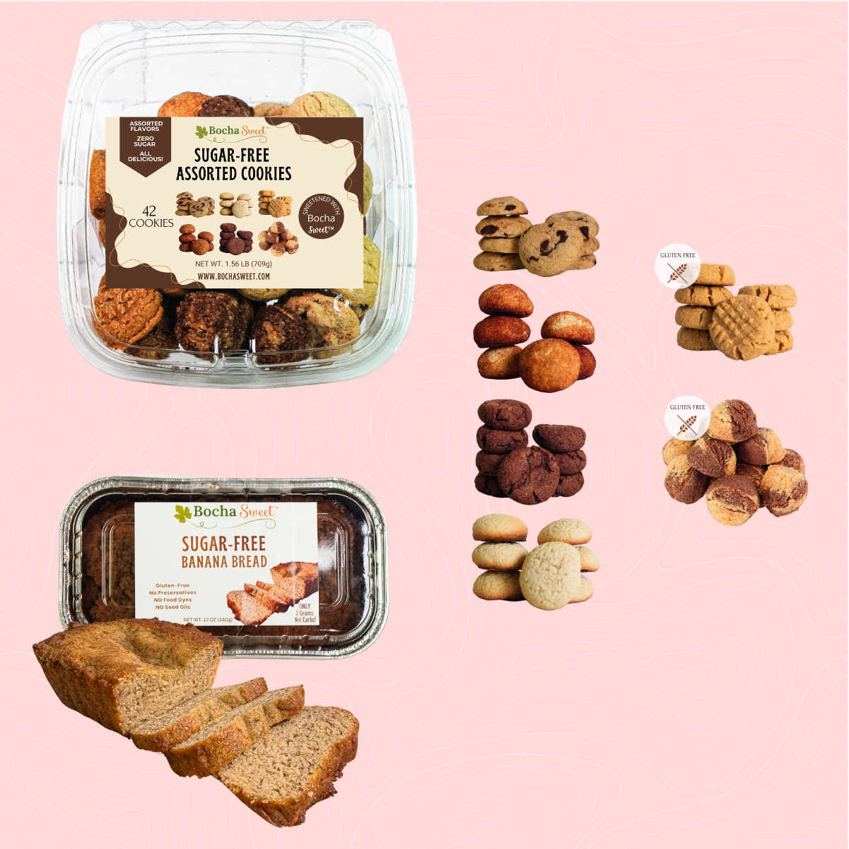 Assorted sugar-free baked goods including cookies and banana bread on a pink background.