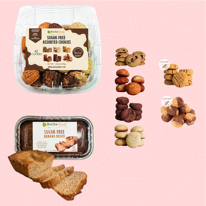 Assorted sugar-free baked goods including cookies and banana bread on a pink background.