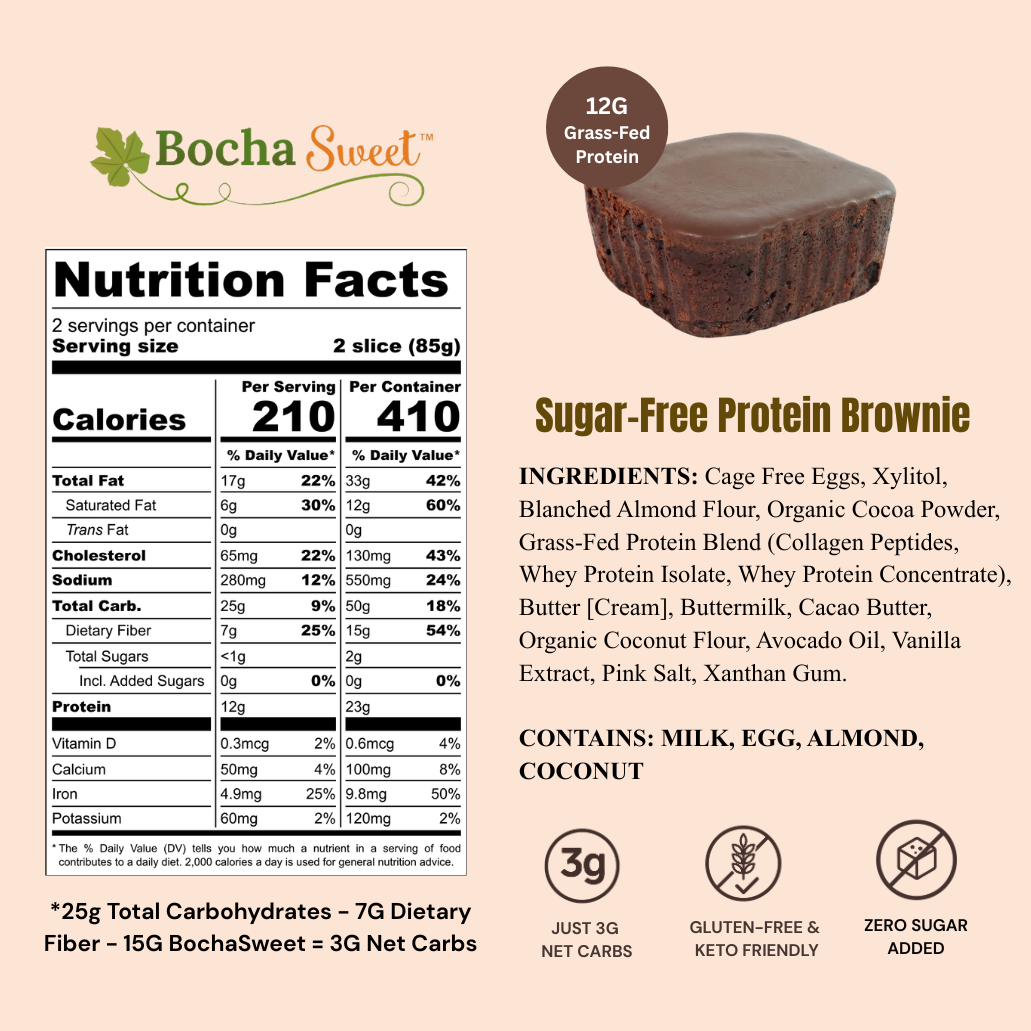Nutrition facts and ingredients of Bocha Sweet protein brownie on a beige background