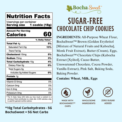 Nutrition facts and ingredients label for Bocha Sweet sugar-free chocolate chip cookies.