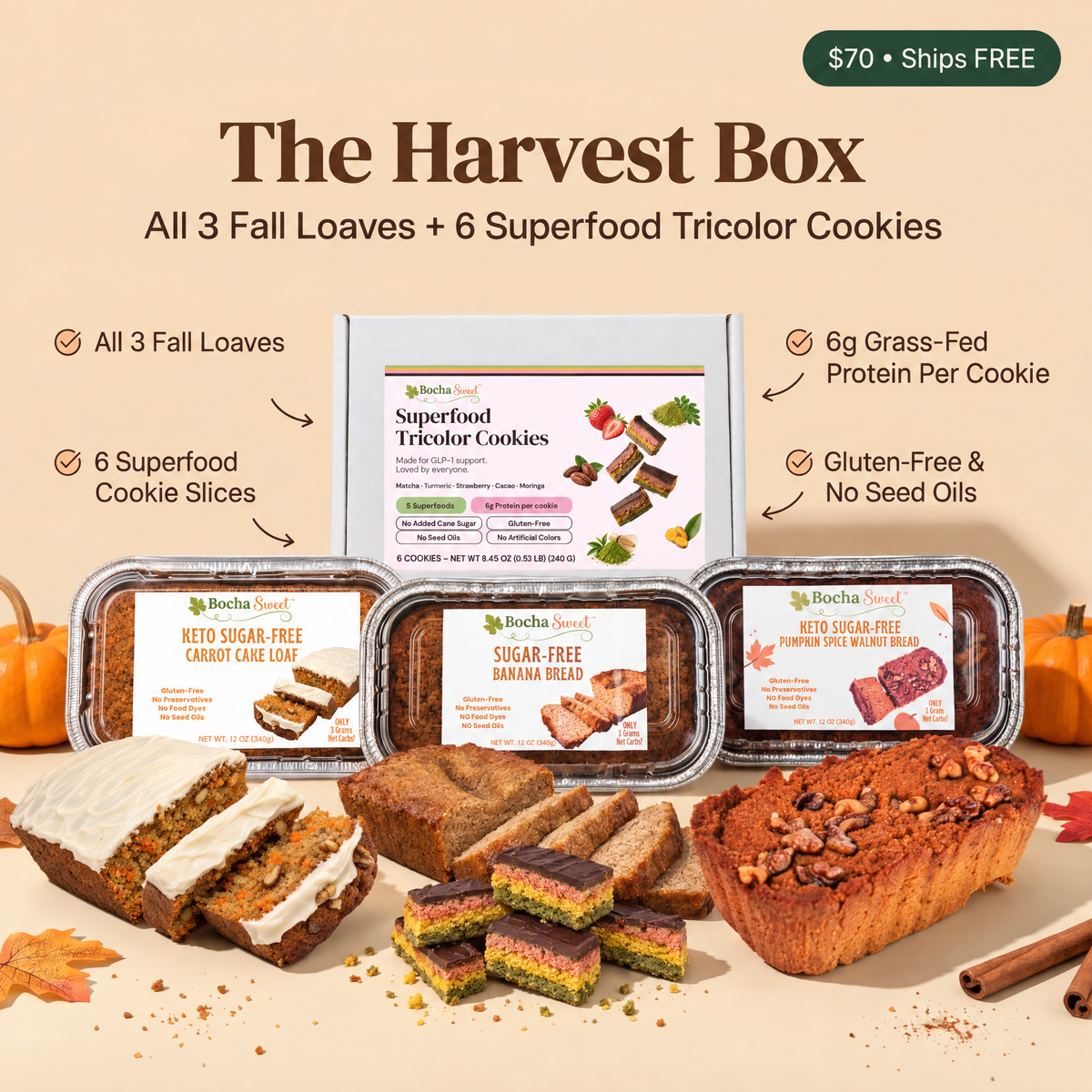 BochaSweet 'The Harvest Box' fall cookie bundle featuring three packaged keto sugar-free cookies and three sliced loaves, arranged with autumn props on a beige background with promotional text.