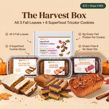 BochaSweet 'The Harvest Box' fall cookie bundle featuring three packaged keto sugar-free cookies and three sliced loaves, arranged with autumn props on a beige background with promotional text.