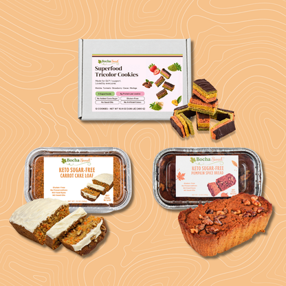 BochaSweet keto sugar-free superfood tricolor cookies and keto sugar-free pumpkin spice cake in packaged food products, arranged on a beige topographic background.