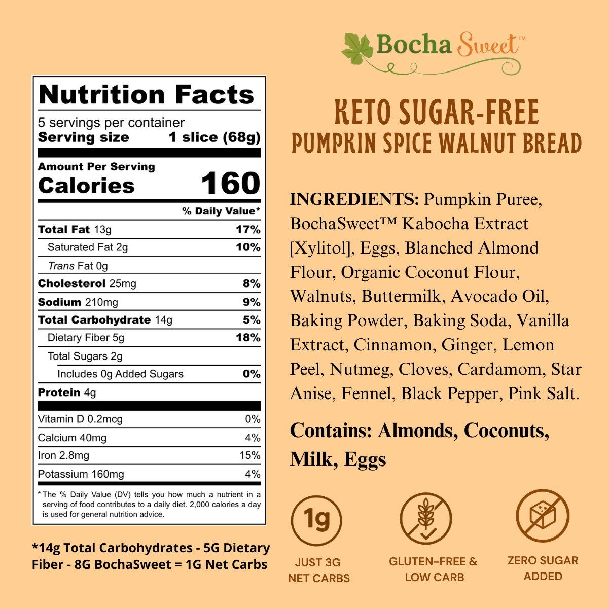 KETO PUMPKIN SPICE WALNUT BREAD (GLUTEN-FREE - 12 OZ)