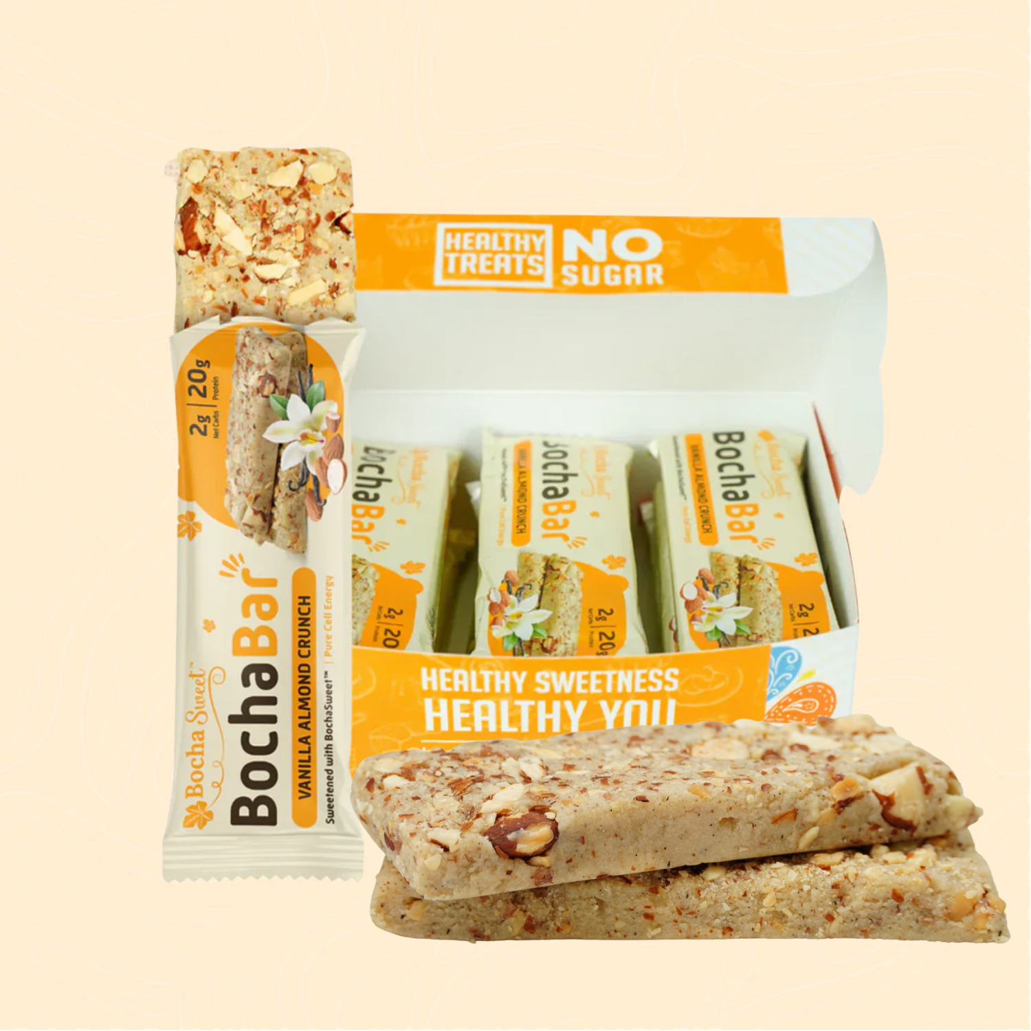 BochaBar Vanilla Almond Crunch Protein Bar - A nutritious, no-sugar snack with a crunchy almond and vanilla flavor. The image shows an open box containing individually wrapped bars, highlighting one bar with visible almond pieces and a soft, crunchy texture. Ideal for keto-friendly, low-carb, and sugar-free diets, with 2g net carbs and 20g protein per bar, offering a delicious and healthy treat option.