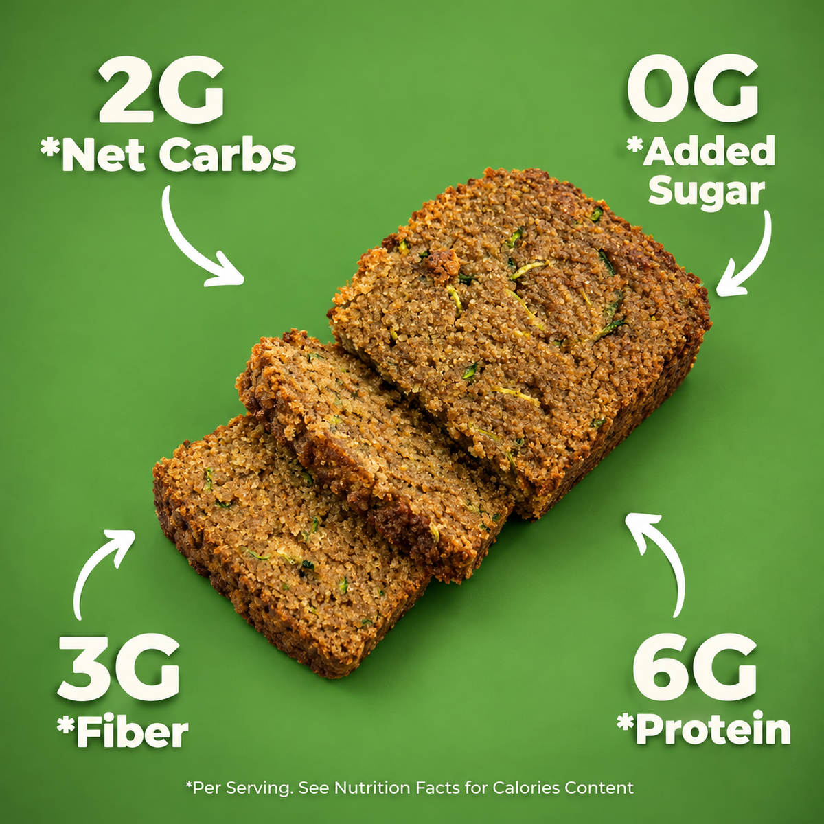 Two slices of textured brown bread on a solid green background with white text highlighting nutritional benefits: 2G Net Carbs, 0G Added Sugar, 3G Fiber, and 6G Protein.