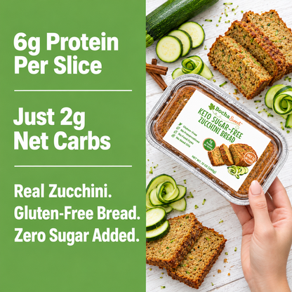 BochaSweet Keto Sugar-Free Zucchini Bread with 6g protein per slice and just 2g net carbs, shown in hand beside sliced loaf and fresh zucchini