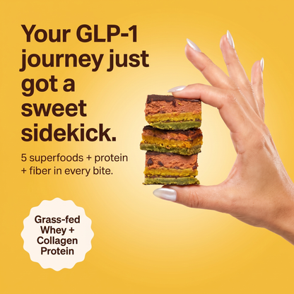 A hand with white manicured nails holds a small stack of colorful protein bars against a bright yellow background with promotional text about GLP-1 support, superfoods, protein, and fiber.