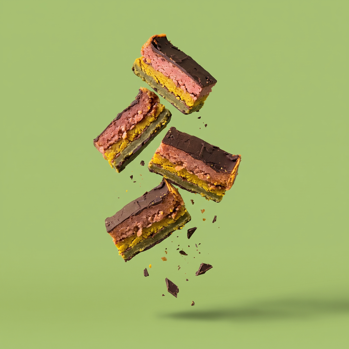 Four layered chocolate dessert bars floating in mid-air against a solid light green background, with chocolate shavings scattered around them.